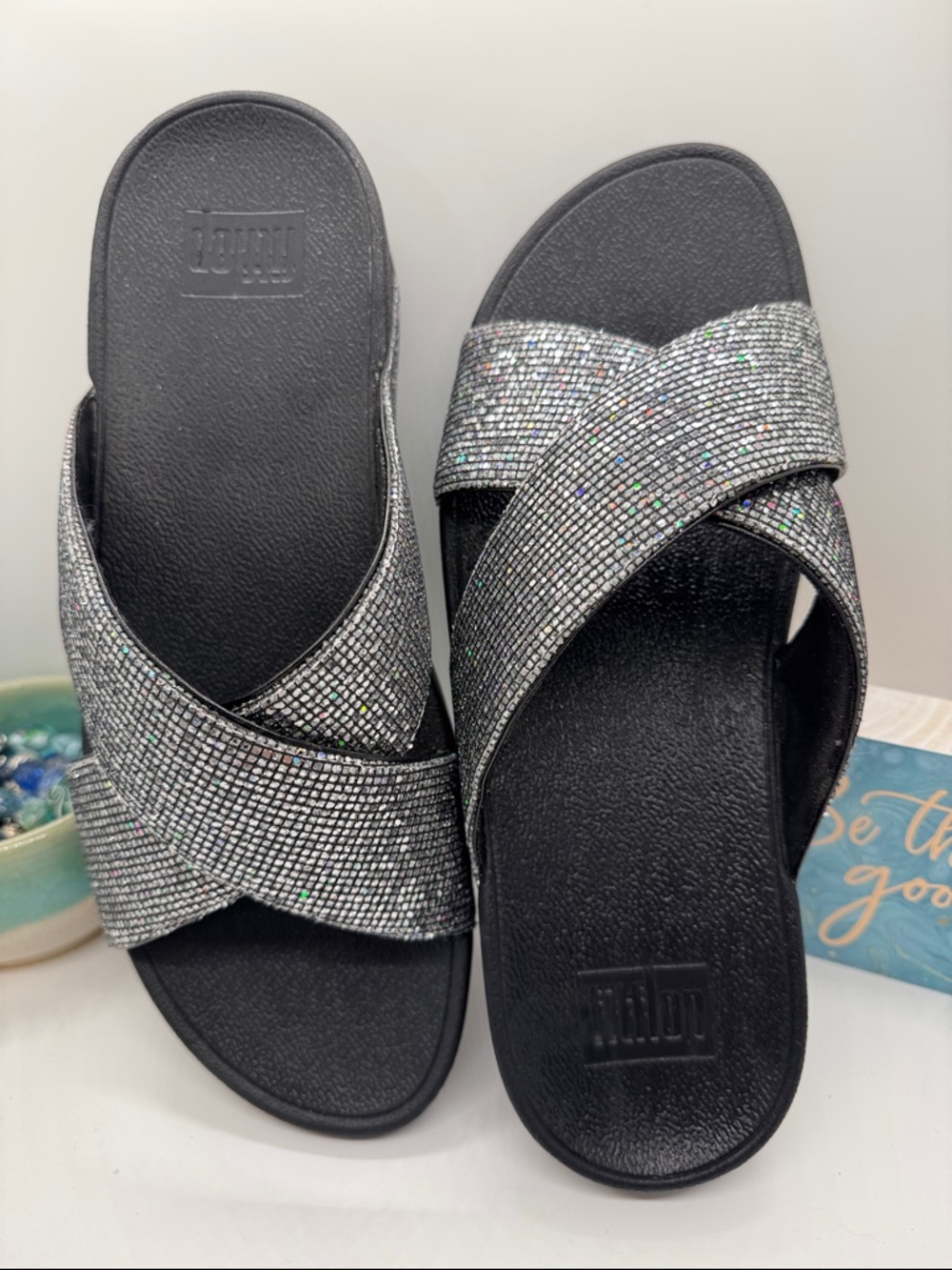 Fitflop LuLu, Black Iridescent Crystal Cross-Band Slides - Picture 4 of 9